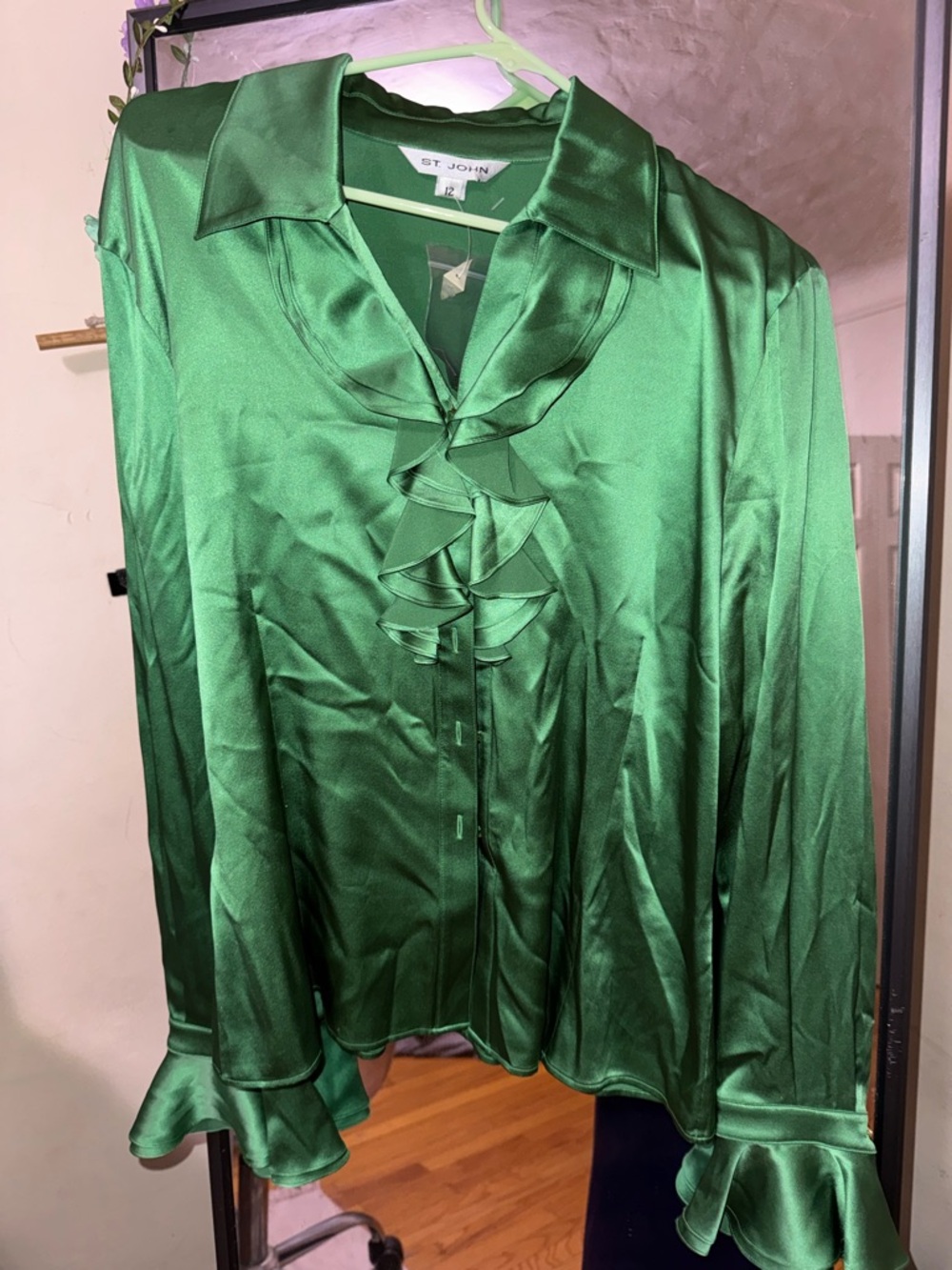 St. John Couture Top Emerald Green Satin Ruffle Button-Front Blouse